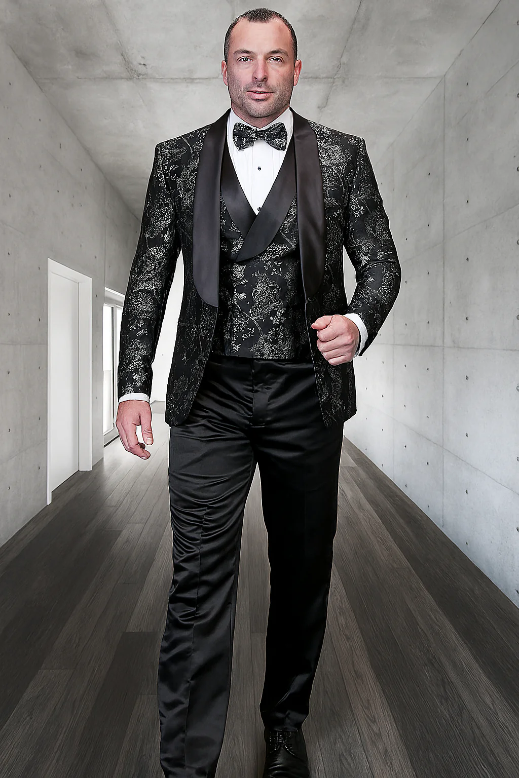Men's black paisley lace print vested tuxedo for prom & wedding with satin lapel and bowtie - Image 3