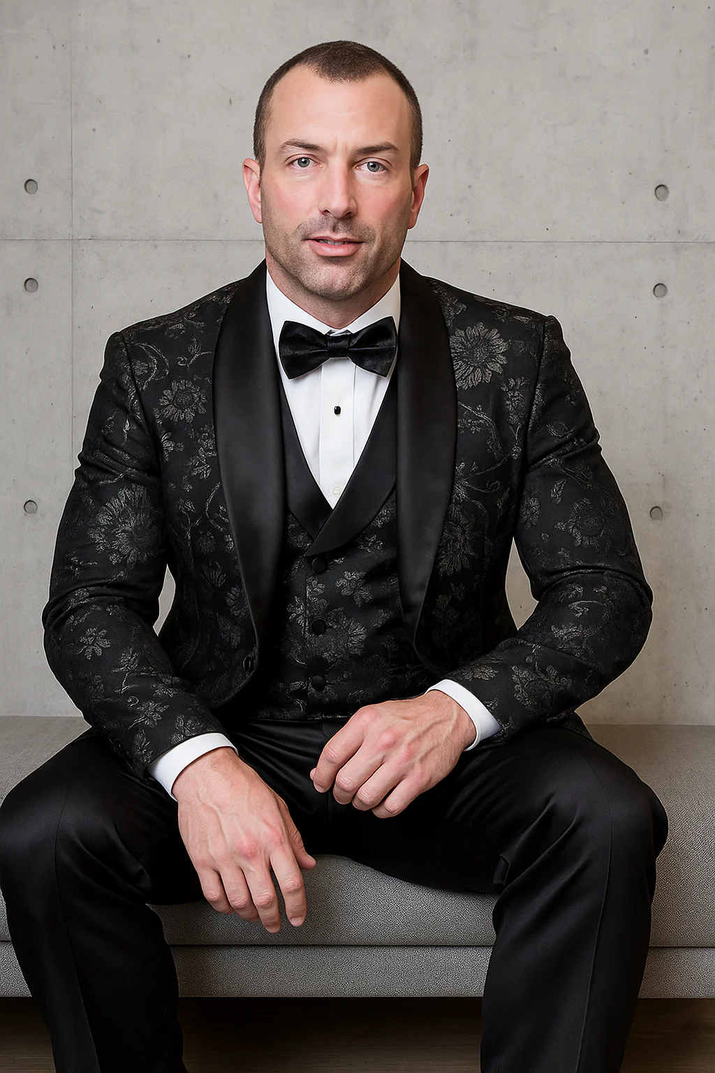 Men's black paisley lace print vested tuxedo for prom & wedding with satin lapel and bowtie - Image 5