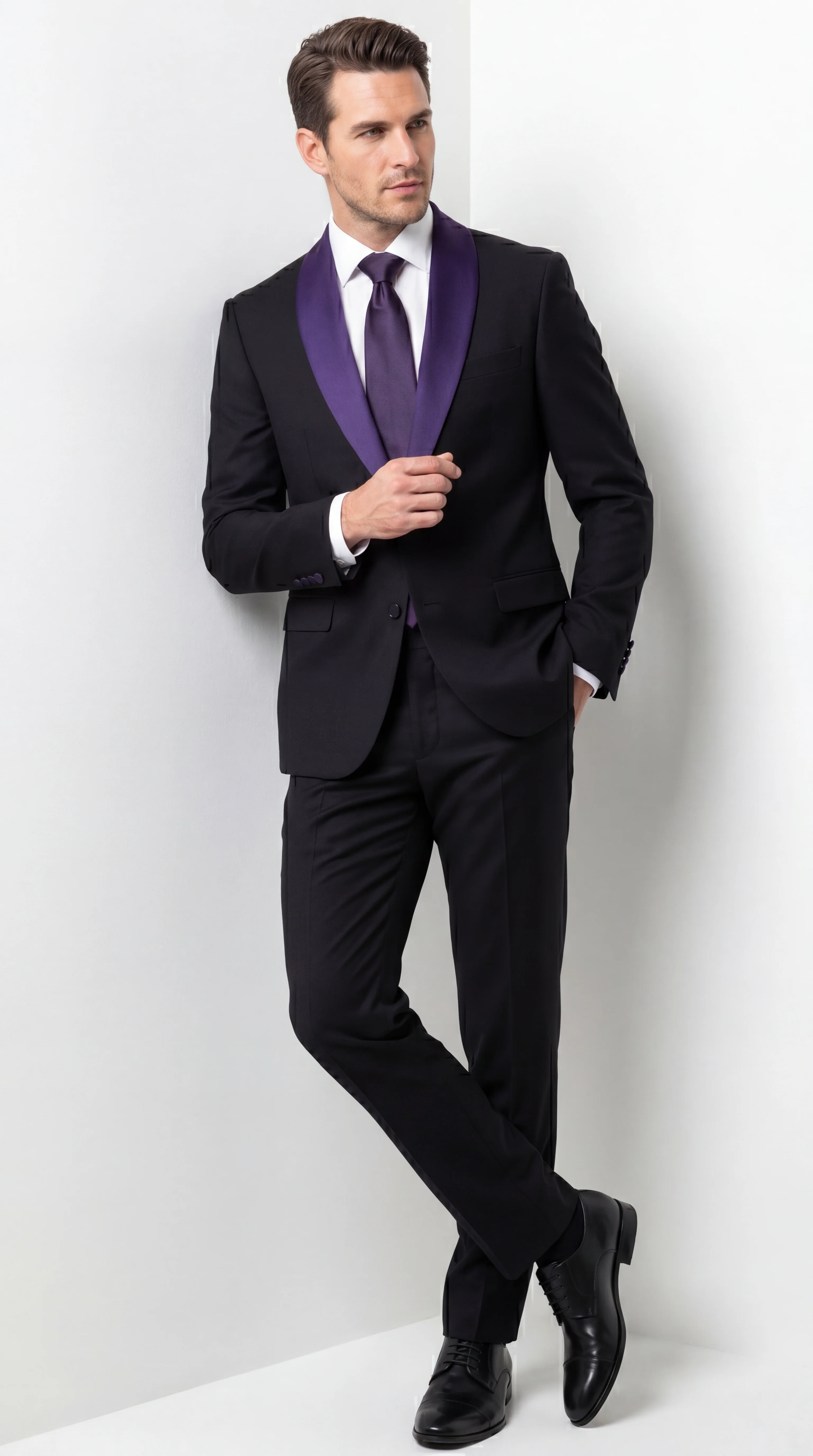 Mens Black Suit with Purple Lapel – Elegant Formal Tuxedo Style Suit for Wedding, Prom, Party and Evening Wear - Image 3