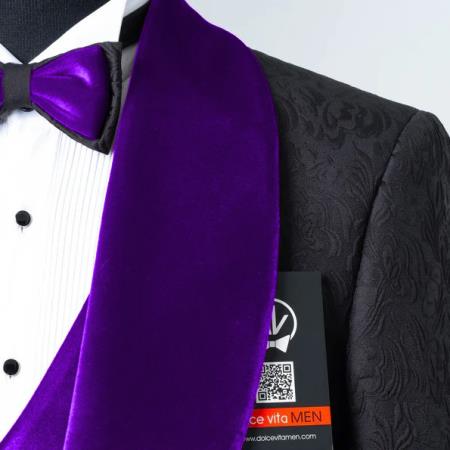 Mens Black With Purple Velvet Lapel 3-Piece Tailored-Fit Tuxedo - Image 2