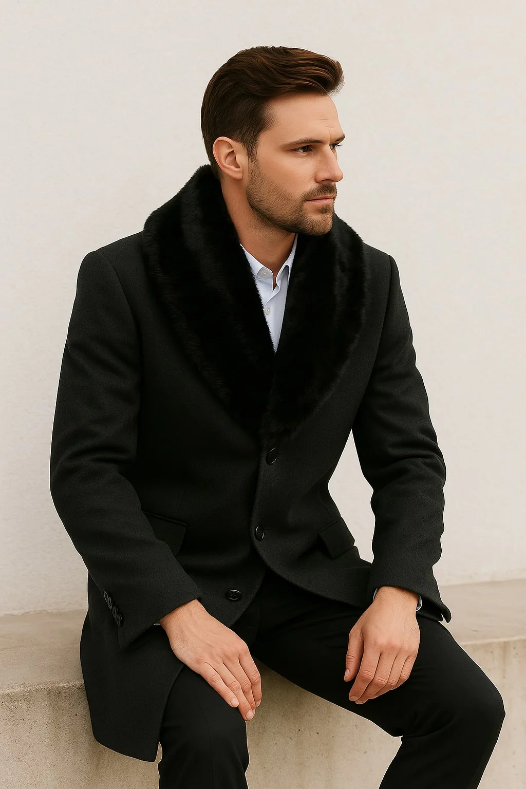 Mens Black Wool Overcoat with Black Faux Fur Collar – Luxury Winter Dress Coat - Image 2