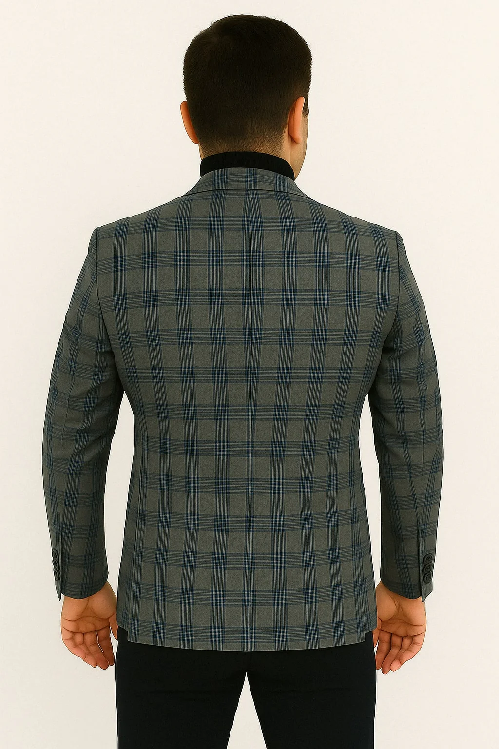 Mens Blue and Grey Windowpane Plaid Blazer – Casual Sport Coat - Image 3
