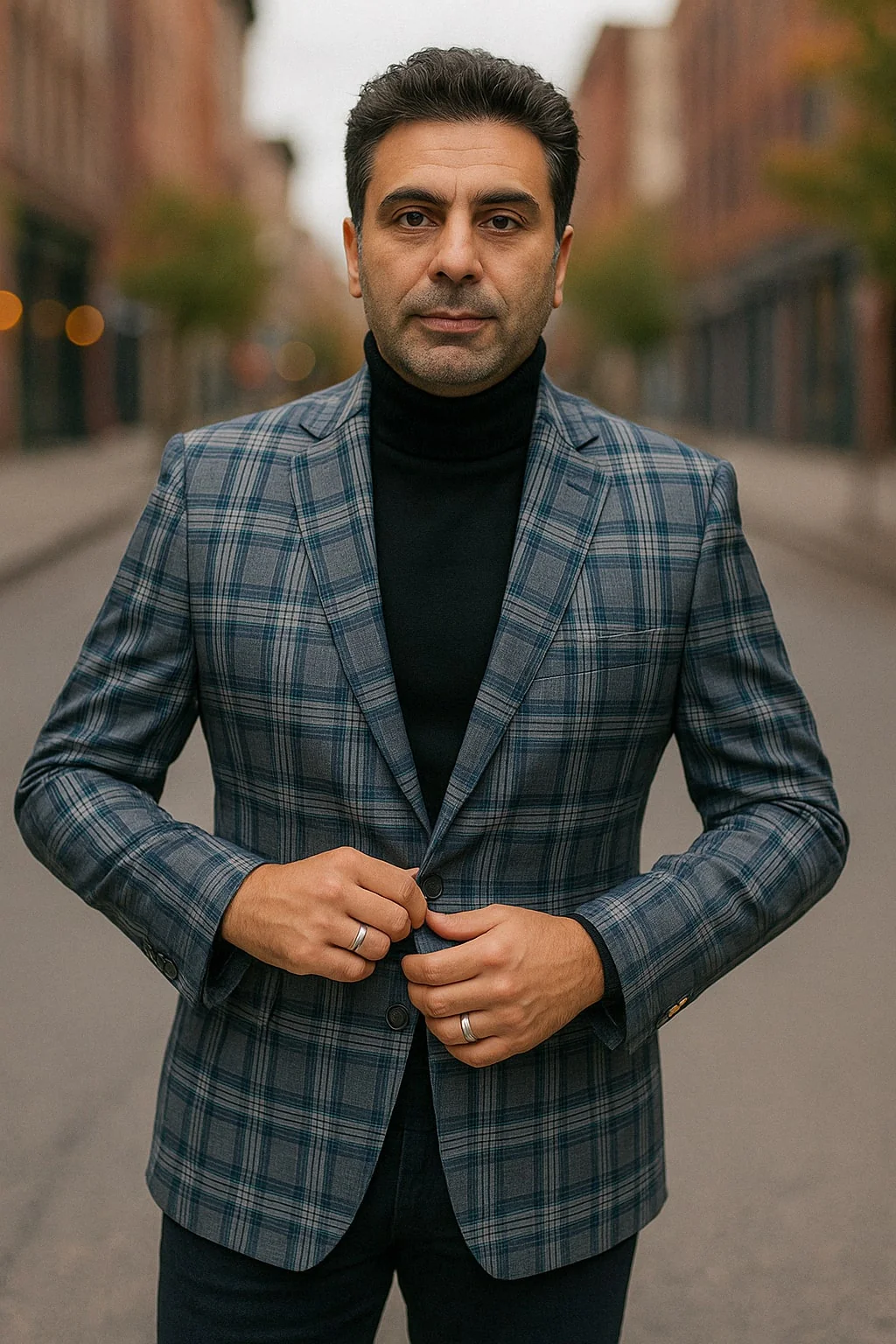 Mens Blue and Grey Windowpane Plaid Blazer – Casual Sport Coat - Image 4