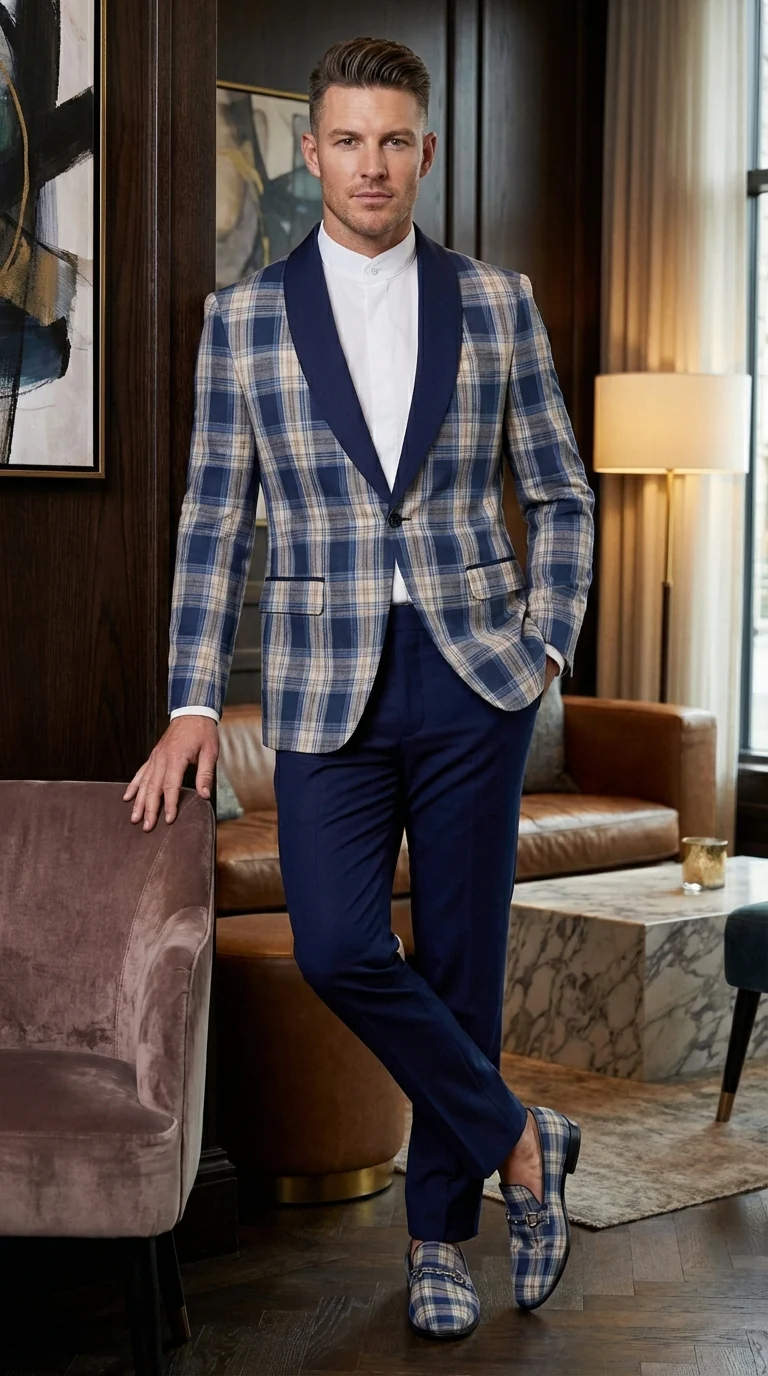 Mens Blue and White - Royal Plaid Tuxedo Suit Set – Checkered Prom Suit with Navy Pants Christmas Holiday New Year Jacket - Image 10