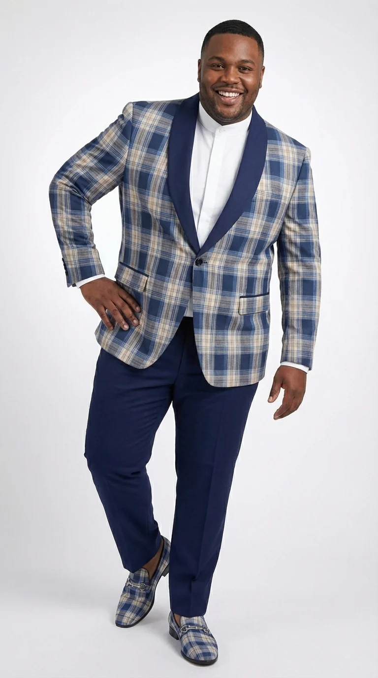 Mens Blue and White - Royal Plaid Tuxedo Suit Set – Checkered Prom Suit with Navy Pants Christmas Holiday New Year Jacket - Image 12