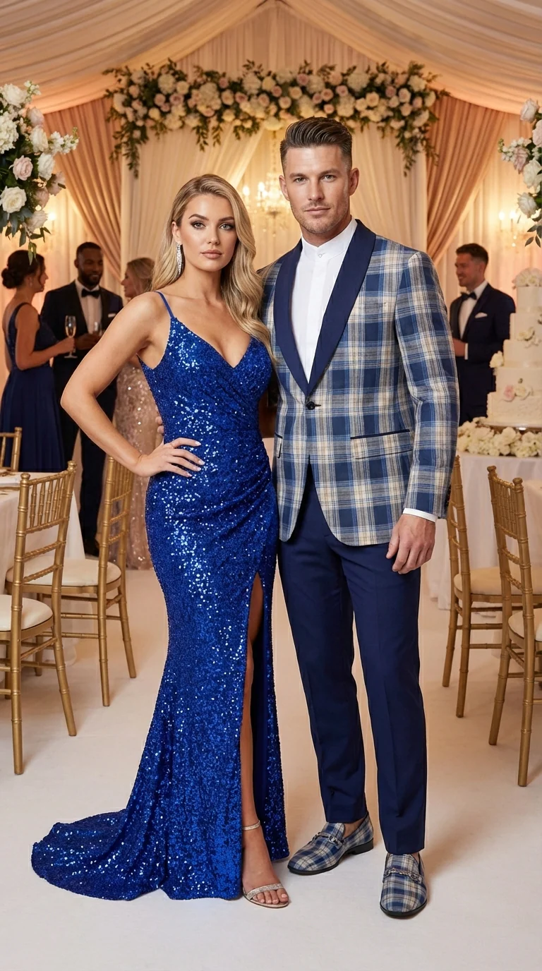 Mens Blue and White - Royal Plaid Tuxedo Suit Set – Checkered Prom Suit with Navy Pants Christmas Holiday New Year Jacket - Image 13