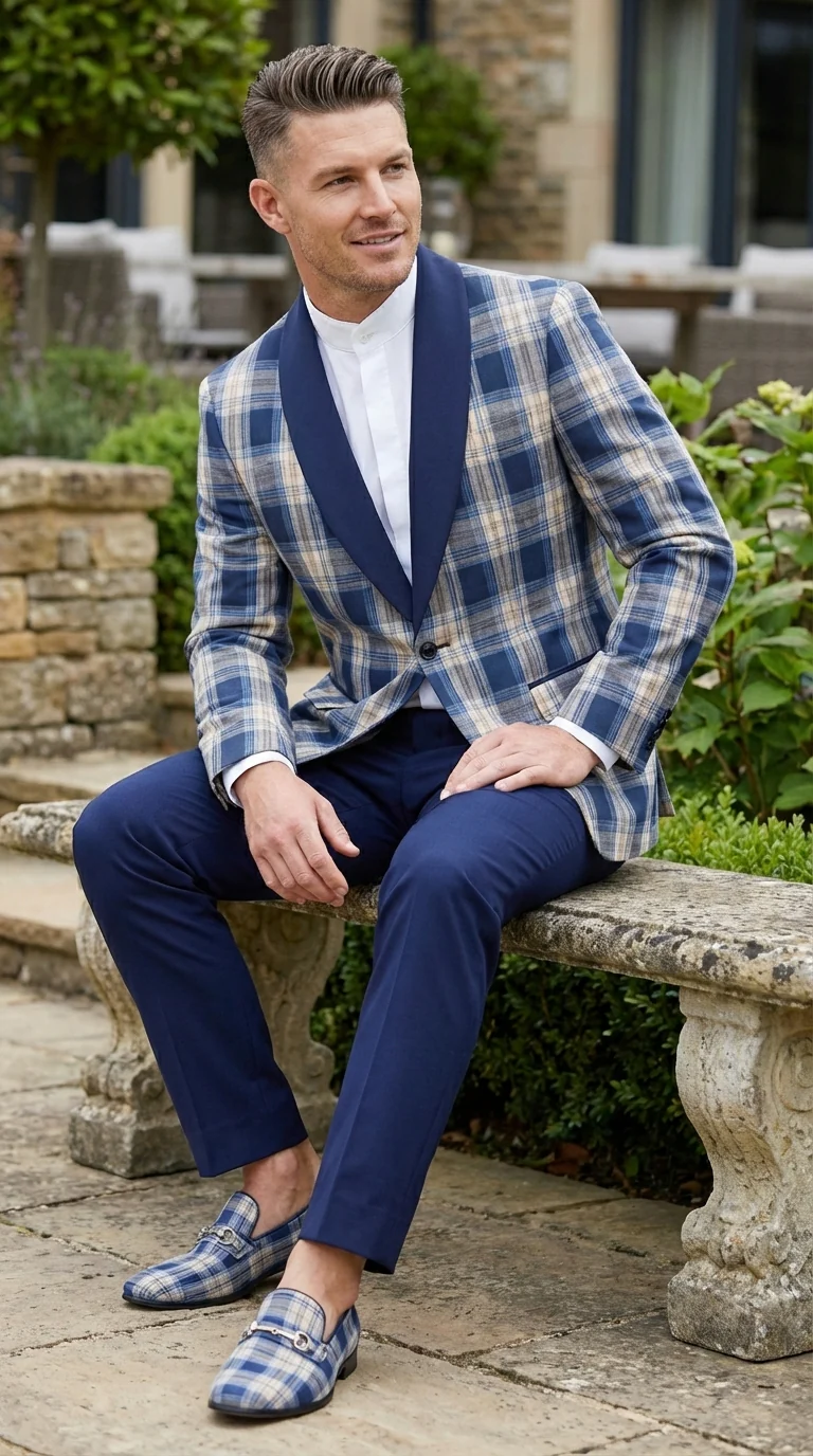 Mens Blue and White - Royal Plaid Tuxedo Suit Set – Checkered Prom Suit with Navy Pants Christmas Holiday New Year Jacket - Image 14