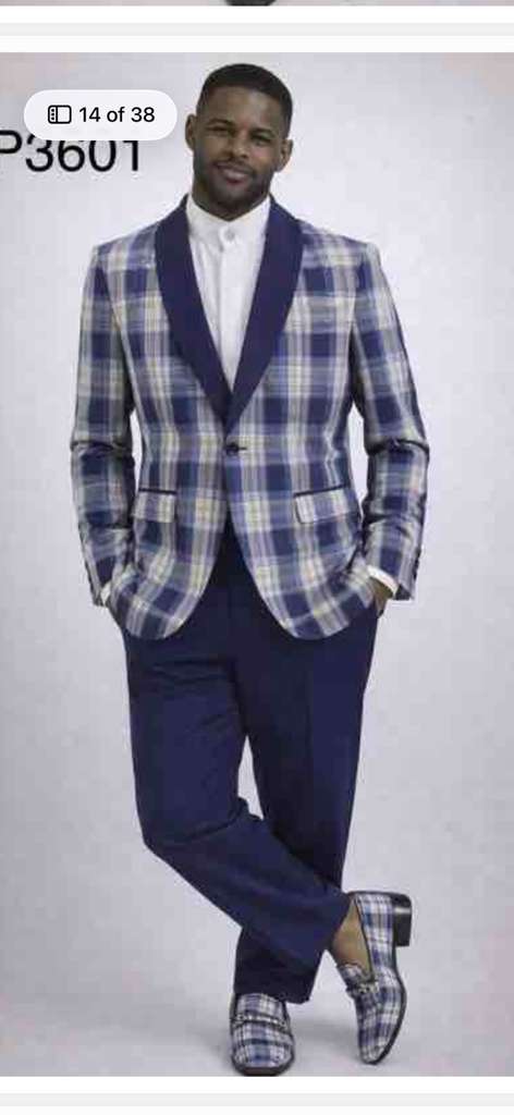 Mens Blue and White - Royal Plaid Tuxedo Suit Set – Checkered Prom Suit with Navy Pants Christmas Holiday New Year Jacket - Image 15