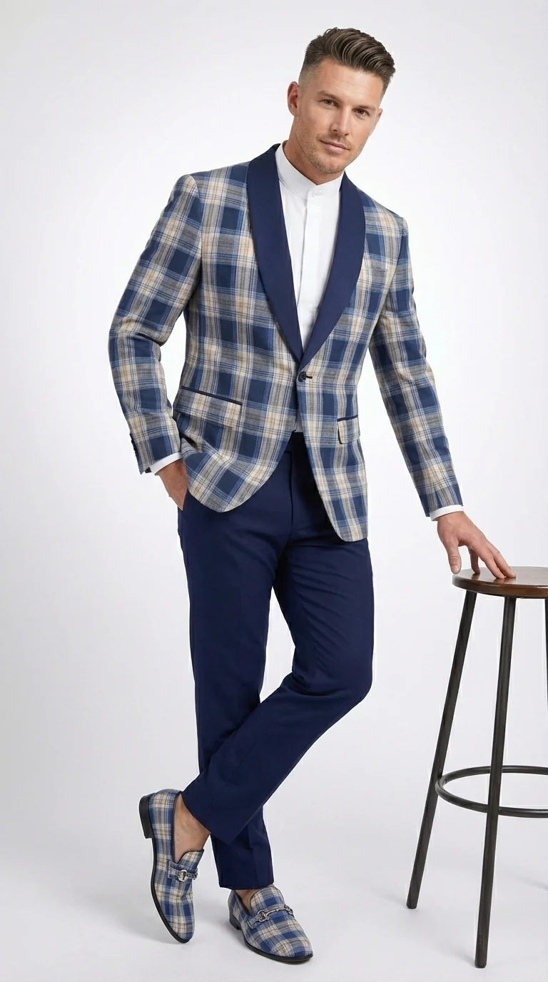 Mens Blue and White - Royal Plaid Tuxedo Suit Set – Checkered Prom Suit with Navy Pants Christmas Holiday New Year Jacket - Image 3