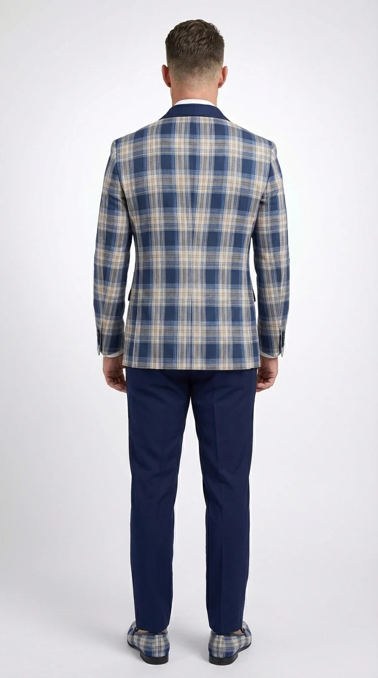 Mens Blue and White - Royal Plaid Tuxedo Suit Set – Checkered Prom Suit with Navy Pants Christmas Holiday New Year Jacket - Image 4