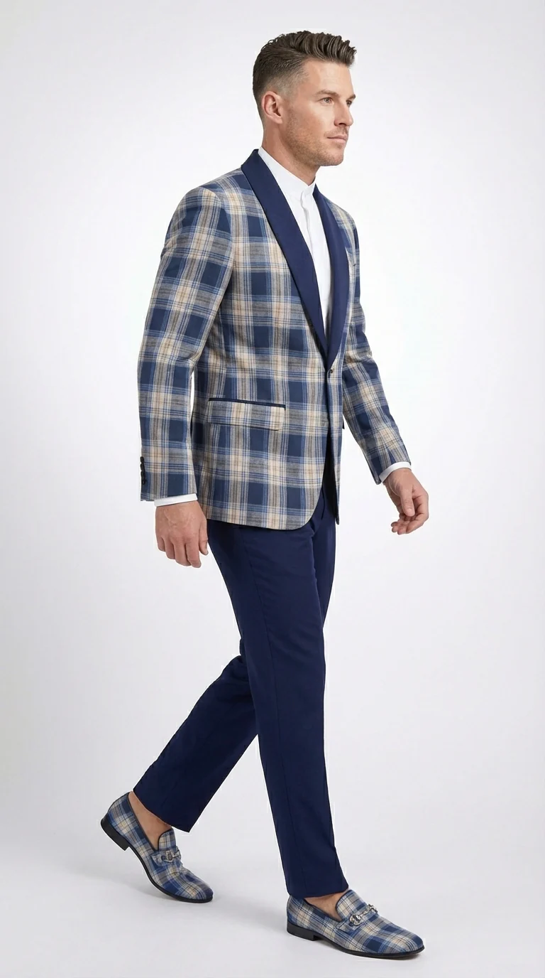 Mens Blue and White - Royal Plaid Tuxedo Suit Set – Checkered Prom Suit with Navy Pants Christmas Holiday New Year Jacket - Image 5
