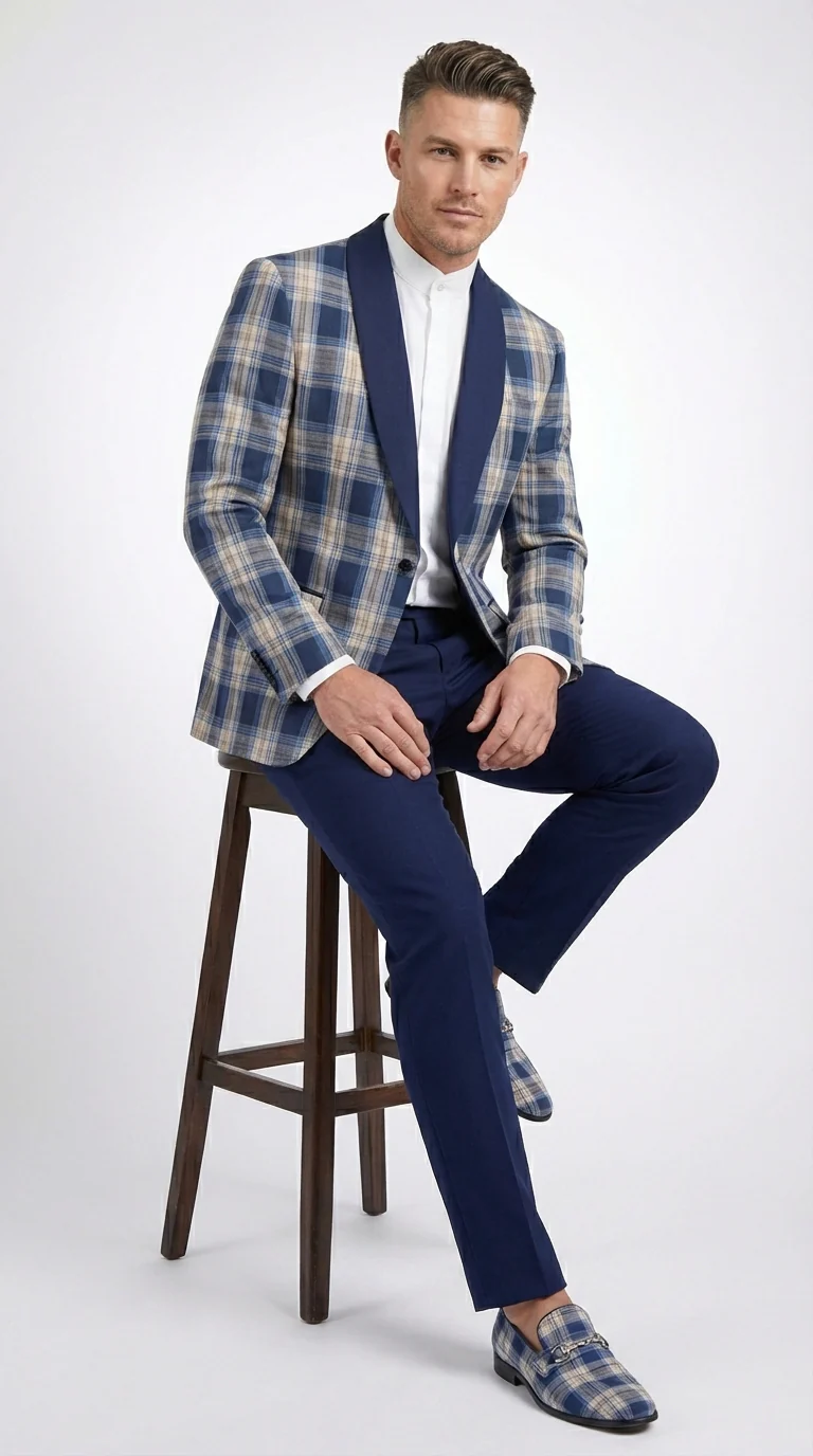 Mens Blue and White - Royal Plaid Tuxedo Suit Set – Checkered Prom Suit with Navy Pants Christmas Holiday New Year Jacket - Image 6