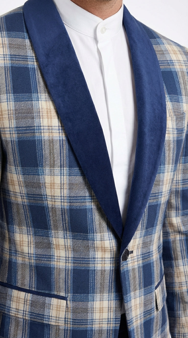 Mens Blue and White - Royal Plaid Tuxedo Suit Set – Checkered Prom Suit with Navy Pants Christmas Holiday New Year Jacket - Image 7