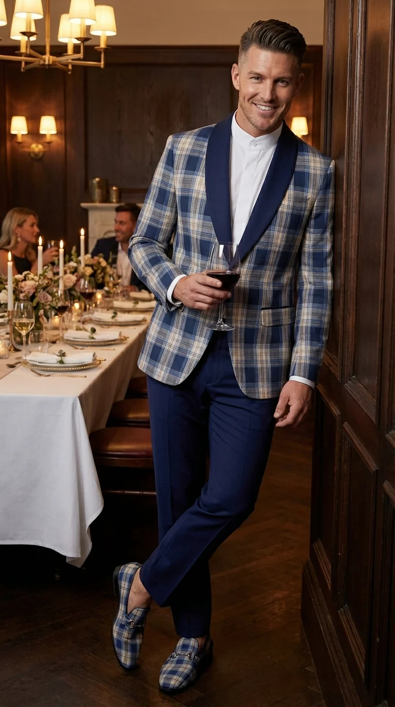Mens Blue and White - Royal Plaid Tuxedo Suit Set – Checkered Prom Suit with Navy Pants Christmas Holiday New Year Jacket - Image 8