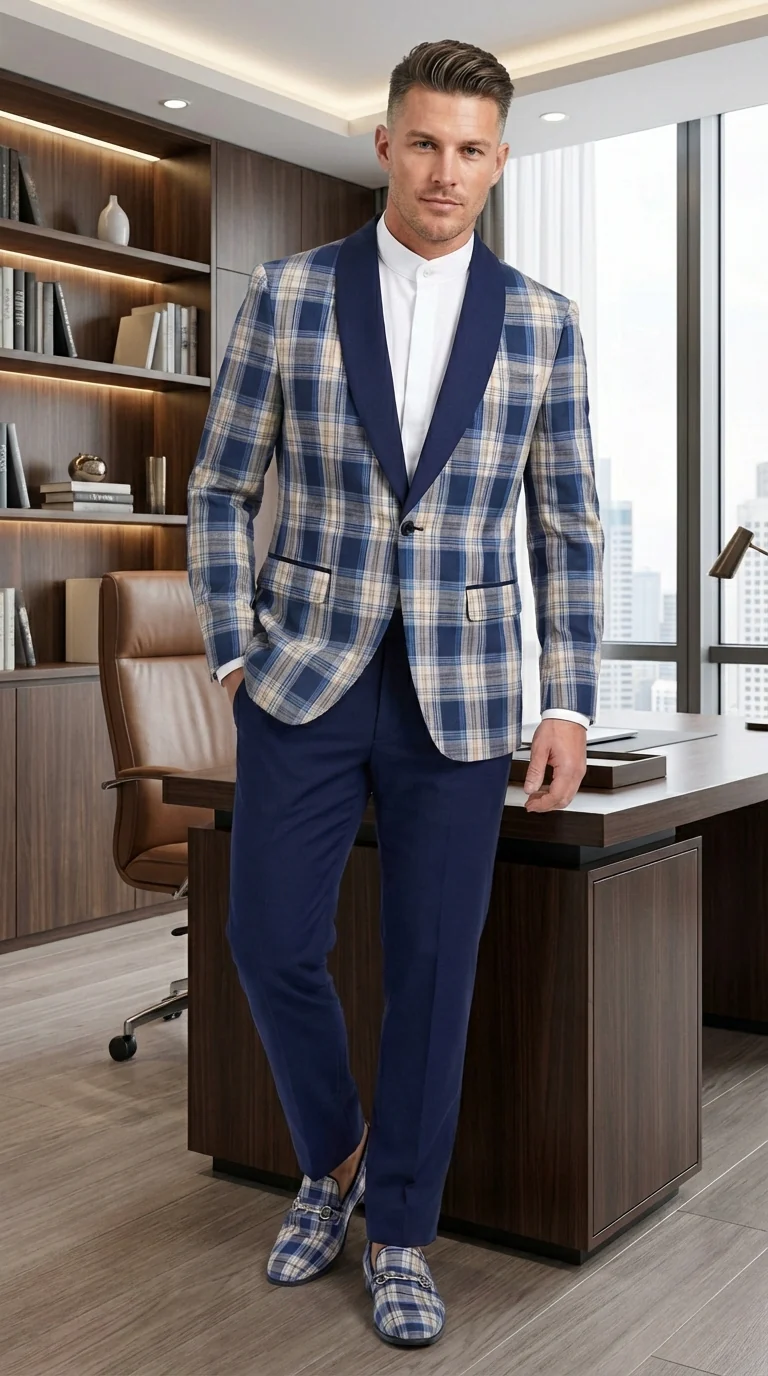 Mens Blue and White - Royal Plaid Tuxedo Suit Set – Checkered Prom Suit with Navy Pants Christmas Holiday New Year Jacket - Image 9