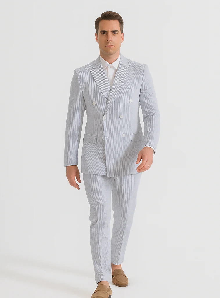 Mens Blue Pinstripe Summer Seersucker Double Breasted Suit - Image 6