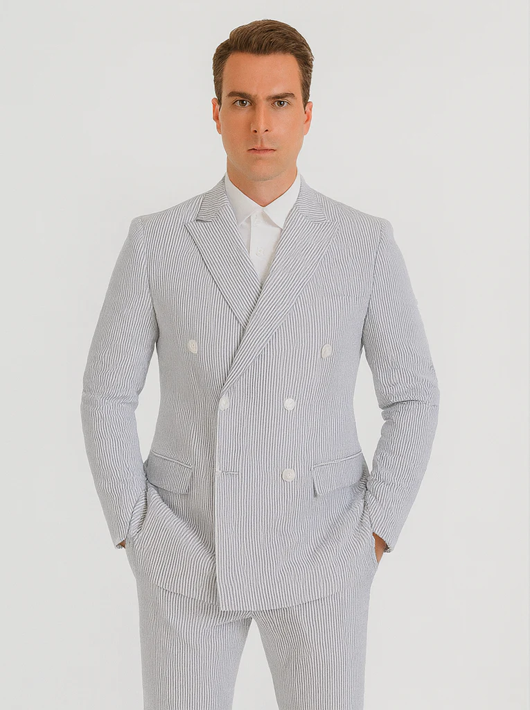 Mens Blue Pinstripe Summer Seersucker Double Breasted Suit - Image 7