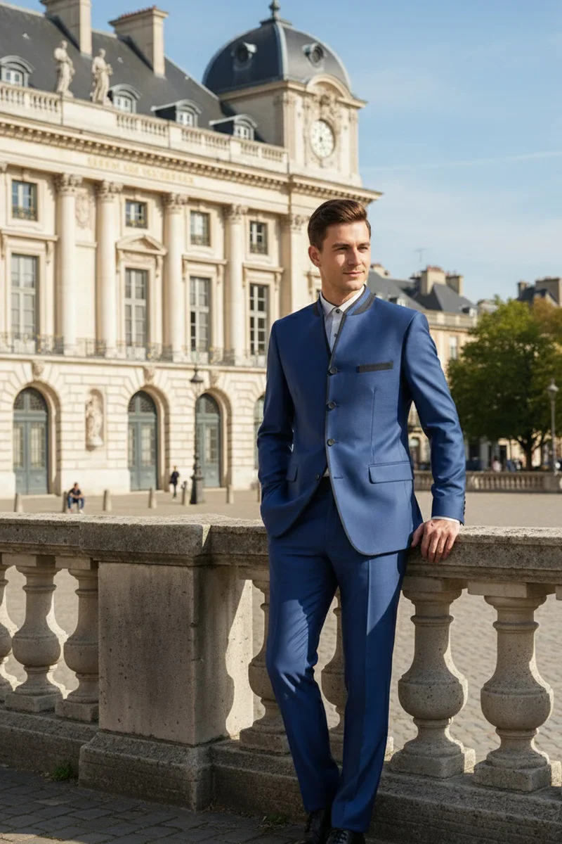 Mens Blue Sharkskin Mandarin Collar Tuxedo - 2 Piece Slim Fit Luxury Set - Image 11