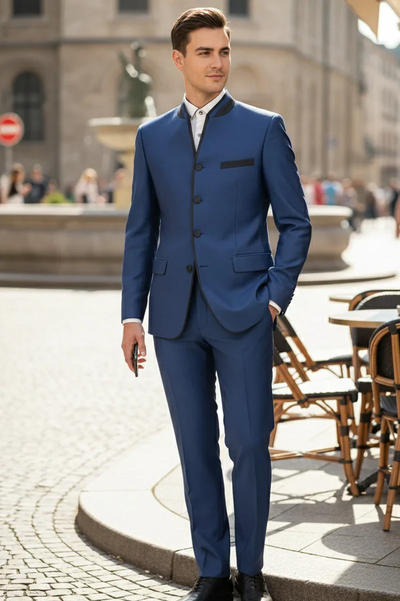 Mens Blue Sharkskin Mandarin Collar Tuxedo - 2 Piece Slim Fit Luxury Set - Image 7