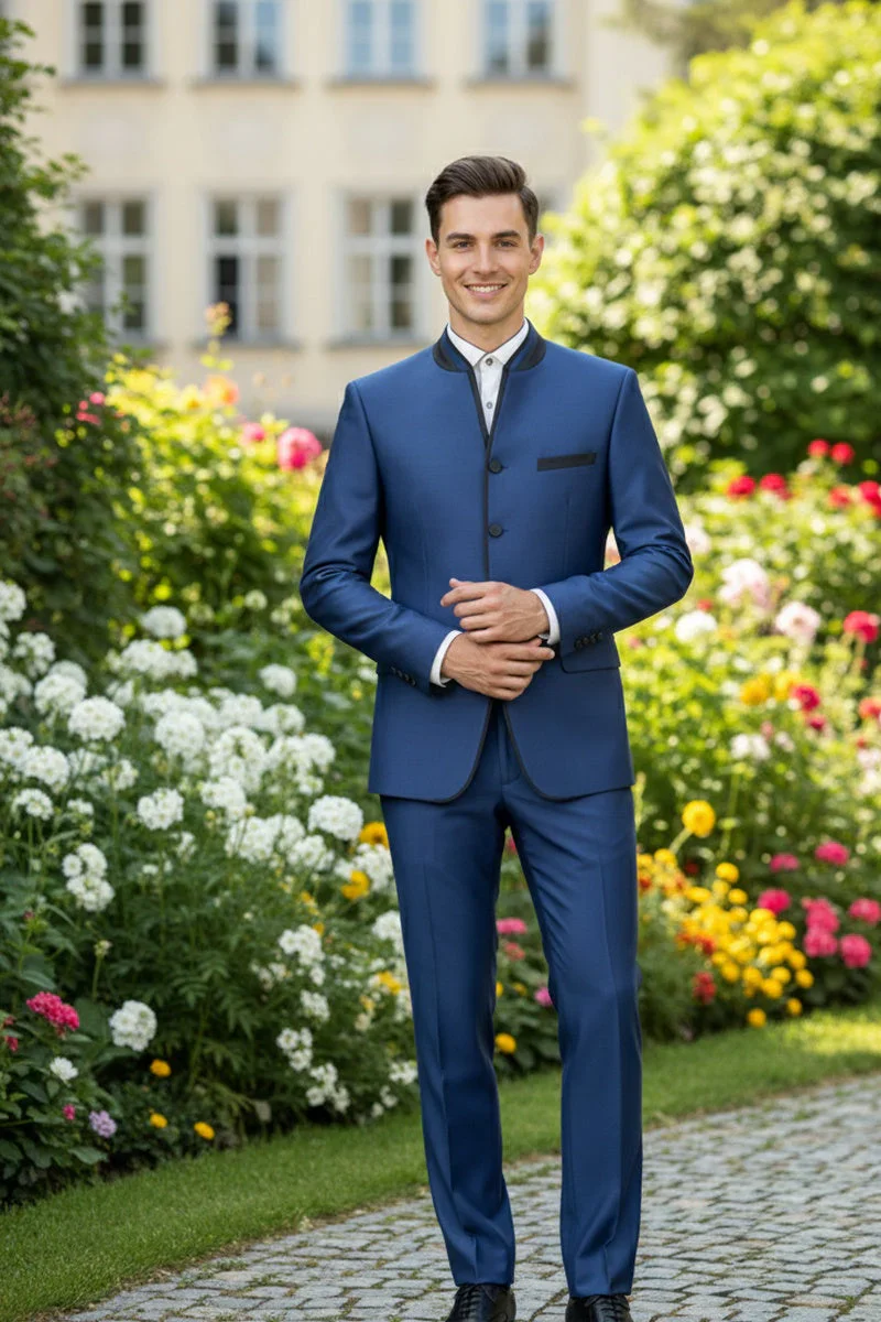 Mens Blue Sharkskin Mandarin Collar Tuxedo - 2 Piece Slim Fit Luxury Set - Image 9