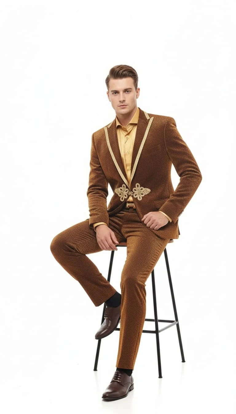 Mens Bronze Shiny Velvet Suit – Designer Party and Wedding Wear Blazer and Pant Set Brown and Gold Tuxedo - Image 3