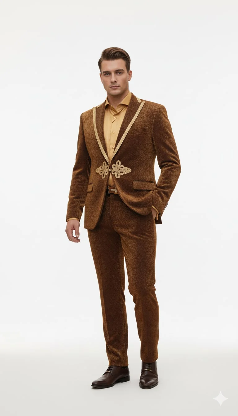 Mens Bronze Shiny Velvet Suit – Designer Party and Wedding Wear Blazer and Pant Set Brown and Gold Tuxedo - Image 5
