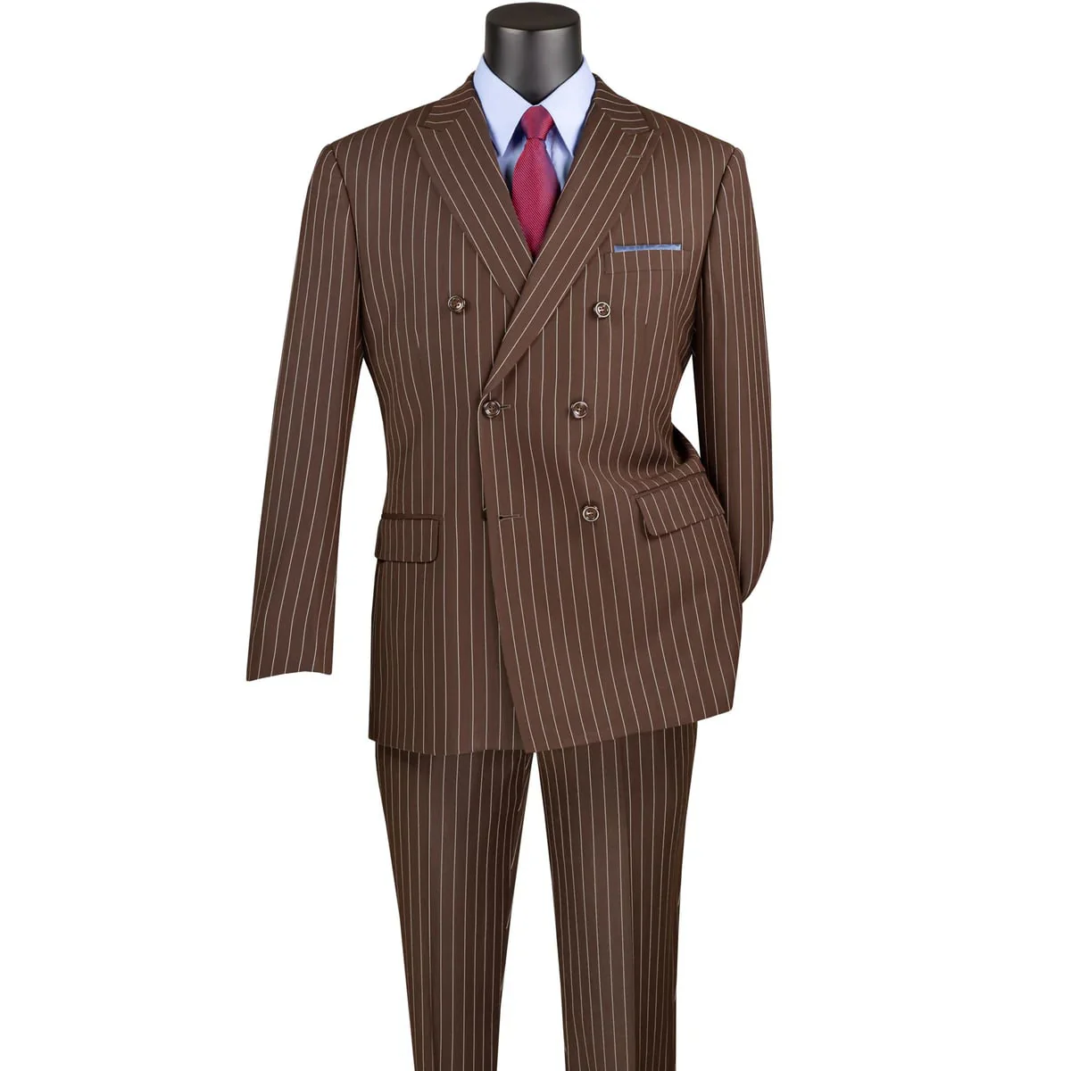 Mens Brown Pinstripe Double-Breasted Suit – Classic 6-Button Business and Vintage Style - Image 2