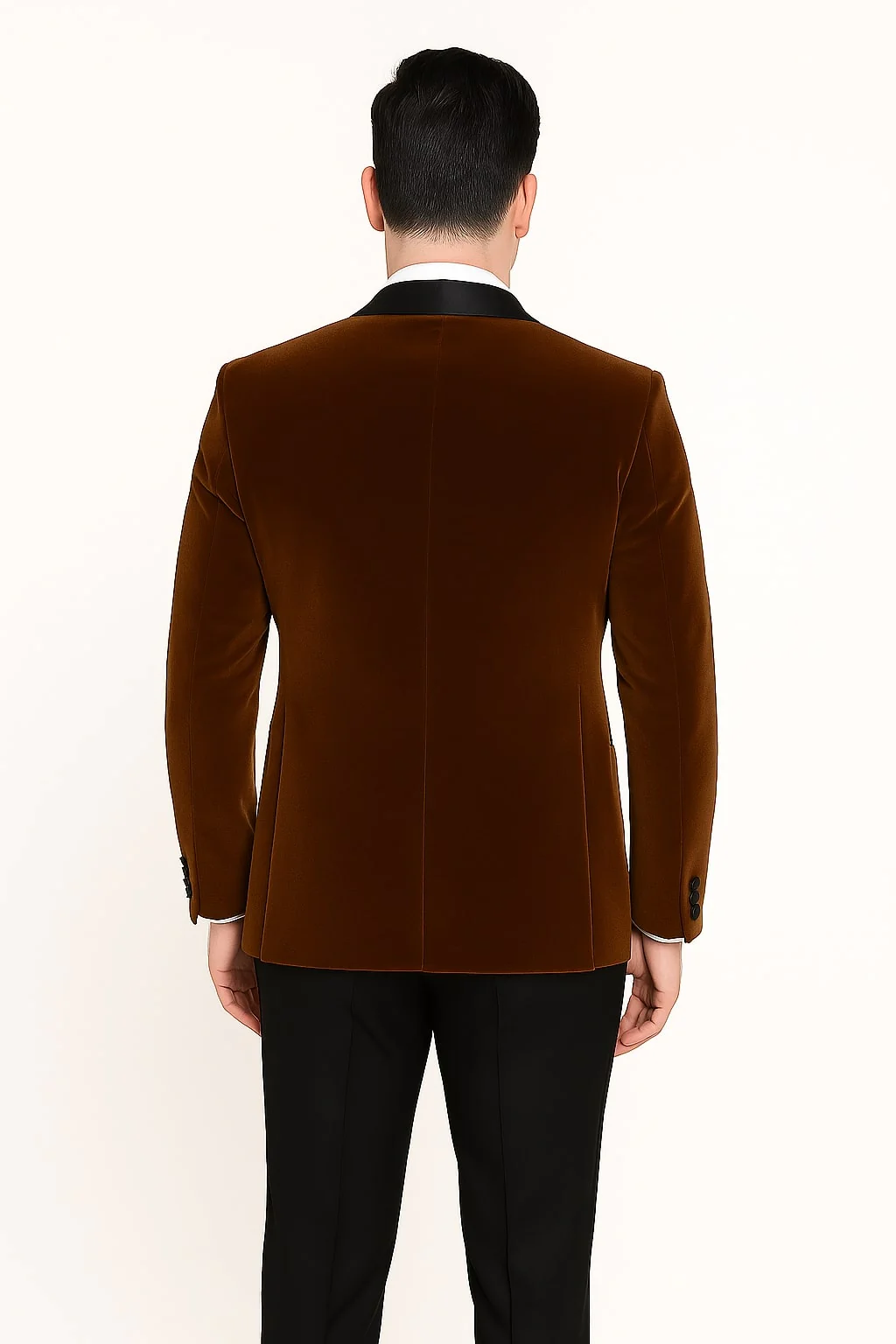 Mens Brown Velvet Tuxedo with Black Satin Shawl Lapel – One Button Formal Suit Jacket - Image 3