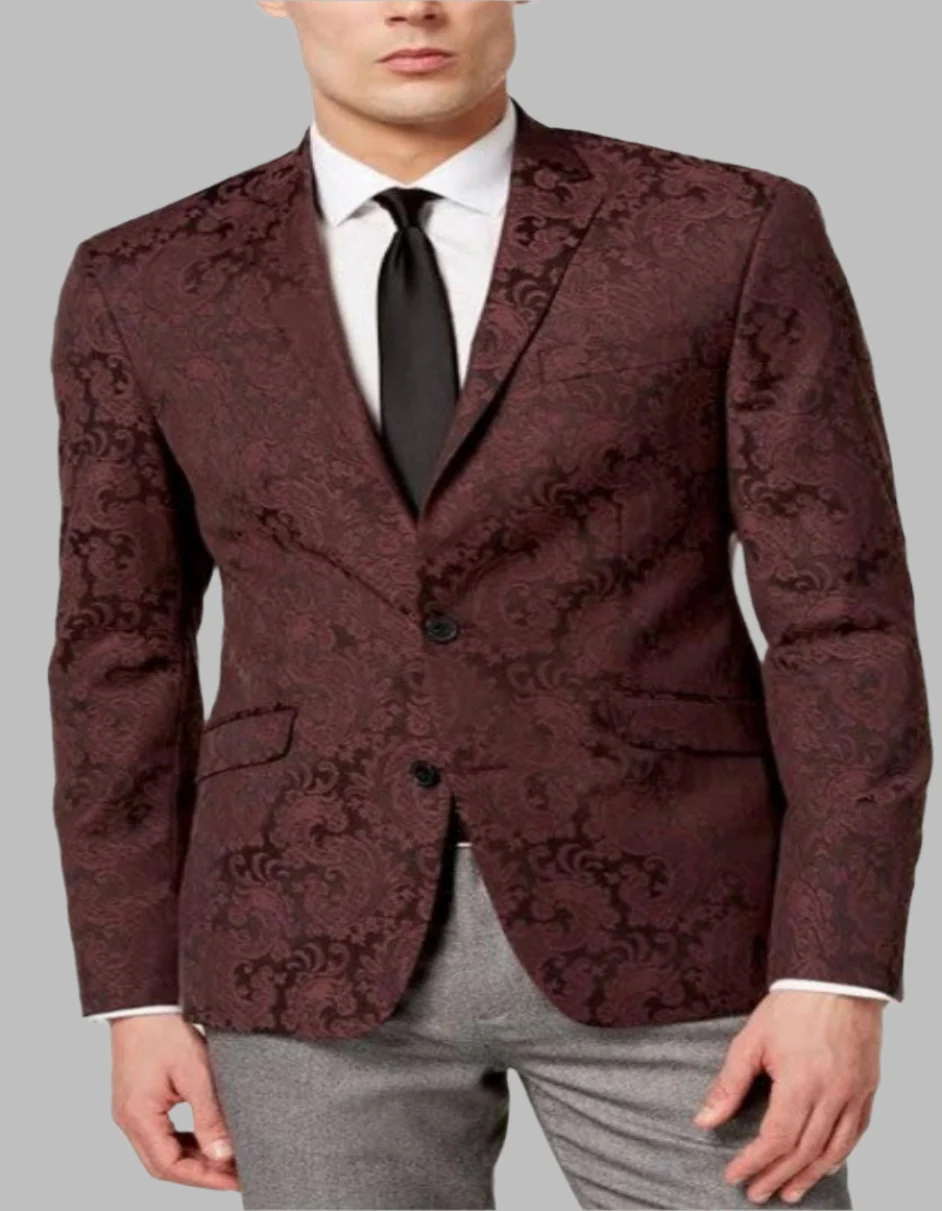Mens Burgundy Paisley Tuxedo Blazer – Slim Fit Formal Dinner Jacket - Velvet Fabric - Slim Fitted - Image 3