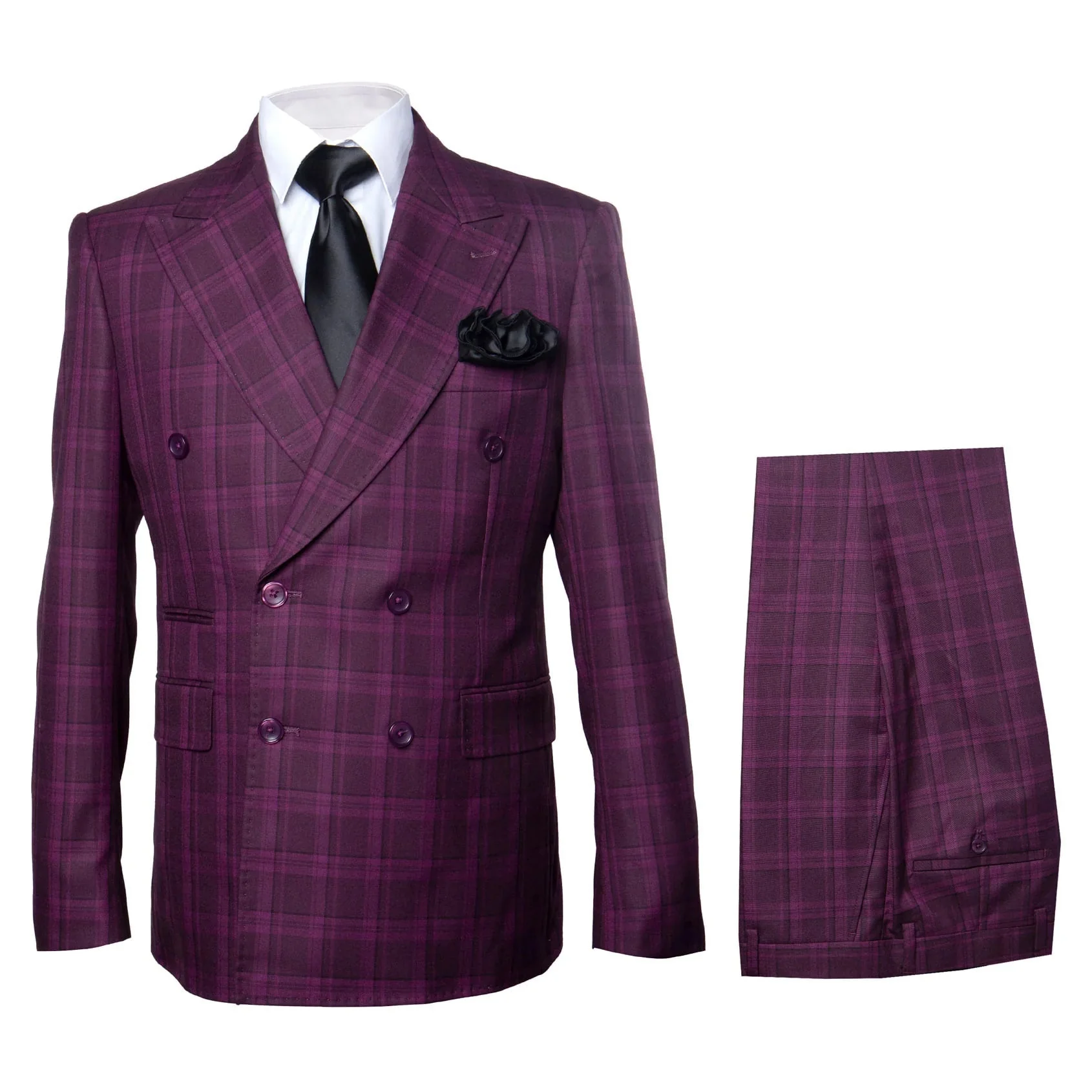 Men's Burgundy Plaid Double-Breasted Suit Classic Windowpane Formal Two-Piece Suit By Rossiman - Image 5