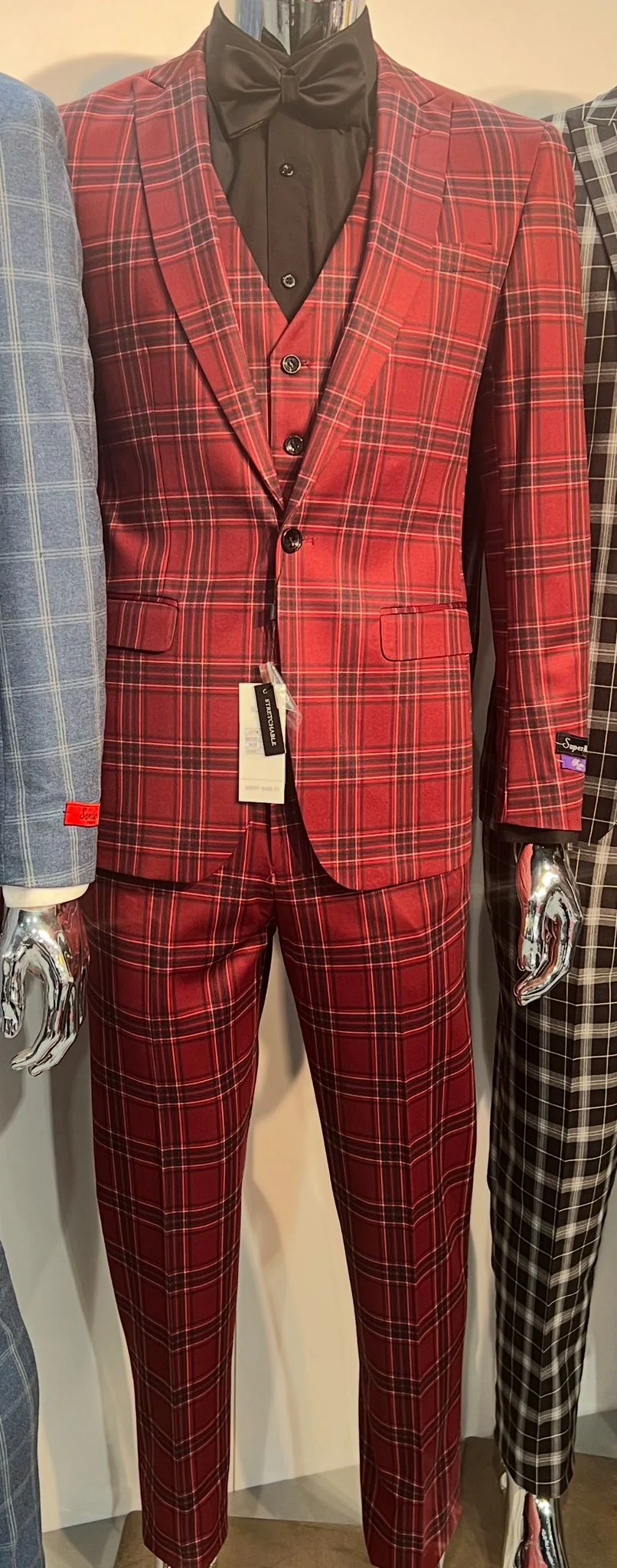 Mens Burgundy Plaid Three-Piece Suit – Ultra Slim Fit Checkered Windowpane Redish 544-10 - Image 3