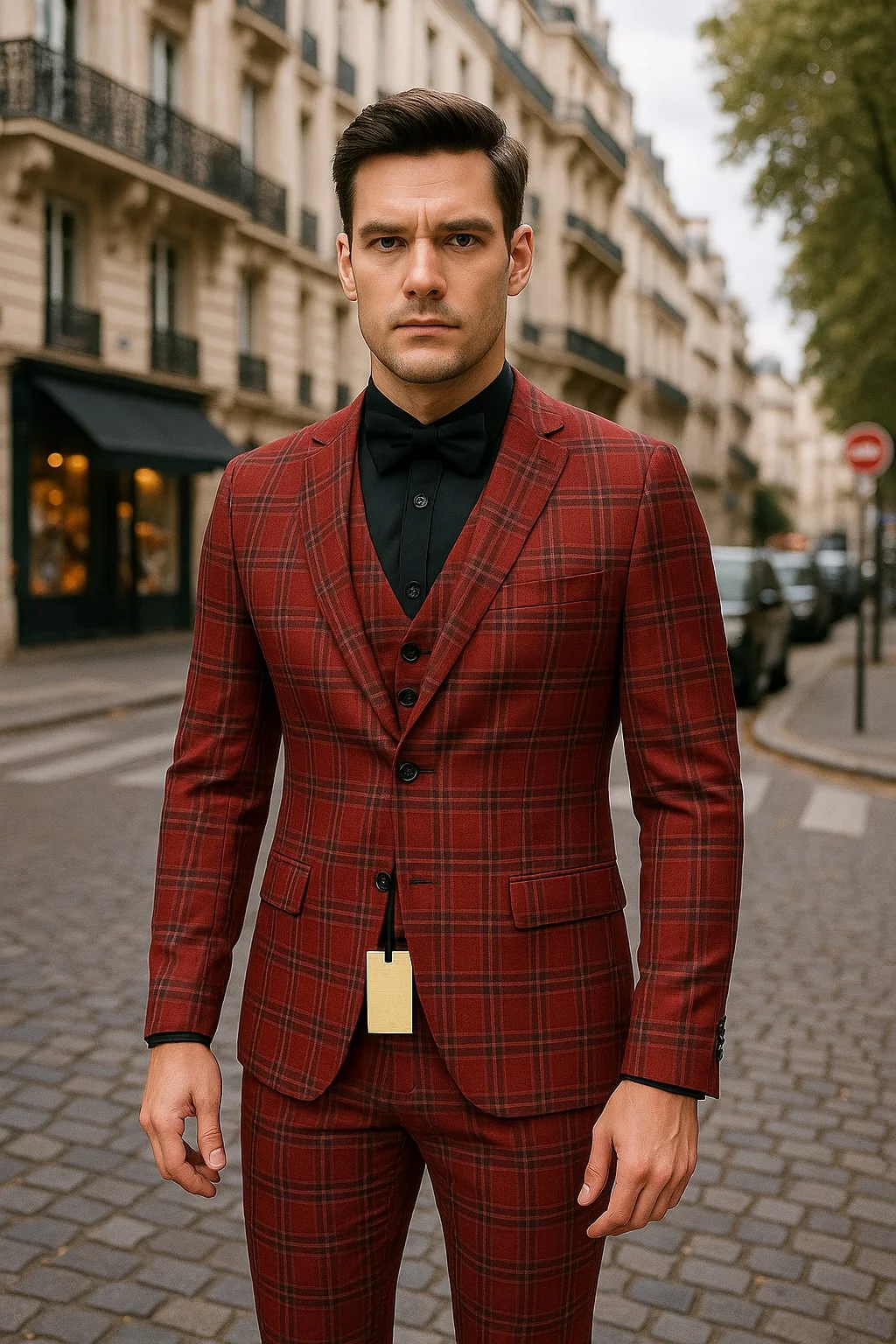 Mens Burgundy Plaid Three-Piece Suit – Ultra Slim Fit Checkered Windowpane Redish 544-10 - Image 5