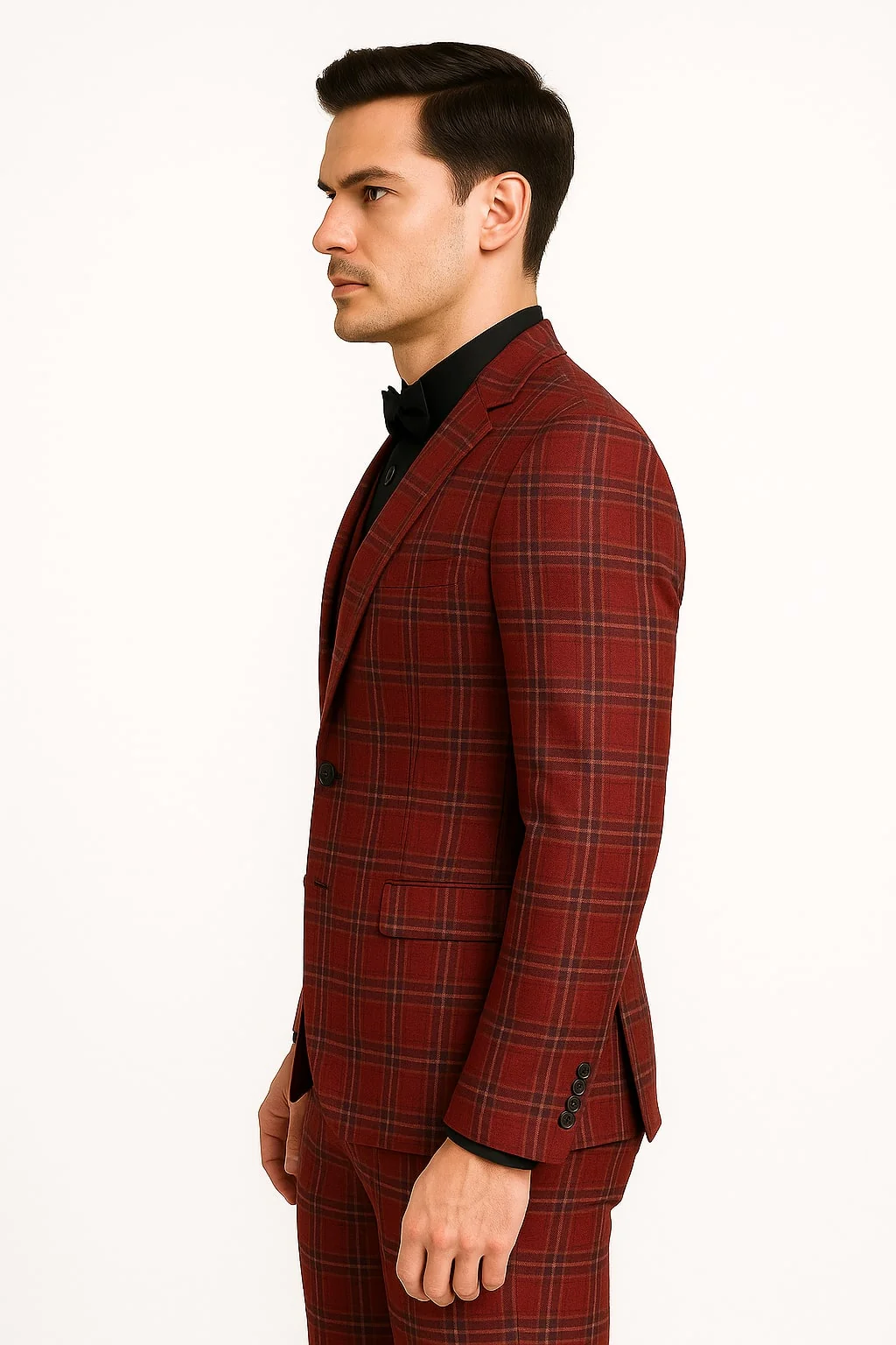 Mens Burgundy Plaid Three-Piece Suit – Ultra Slim Fit Checkered Windowpane Redish 544-10 - Image 6