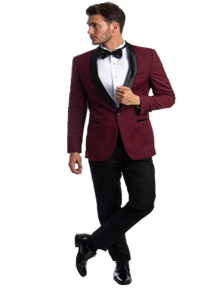 Mens Burgundy Prom Tuxedo - Maroon Wedding Dinner Skinny Fit Suit - Image 2