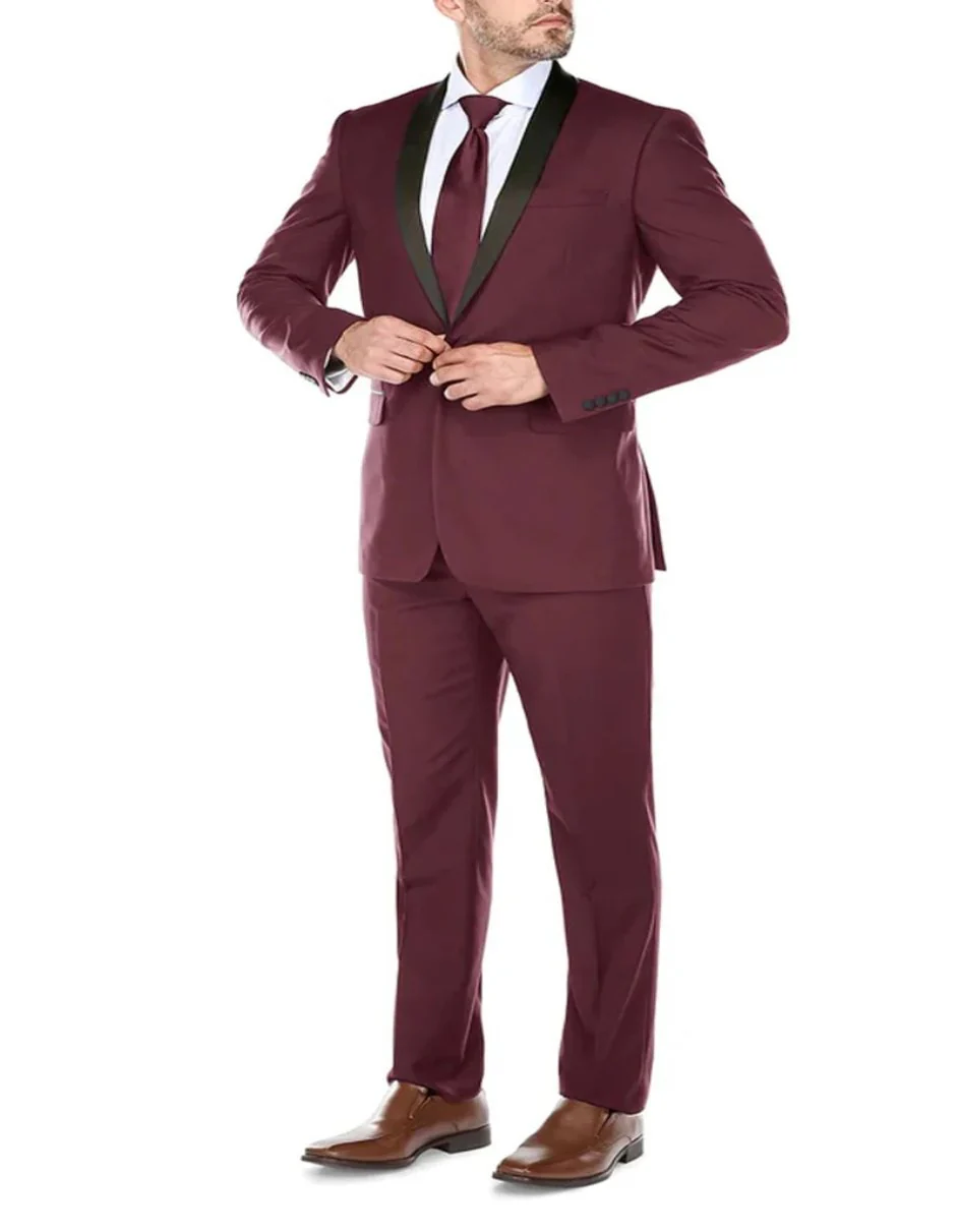 Mens Burgundy Prom Tuxedo - Maroon Wedding Dinner Traditional Suit - Image 2