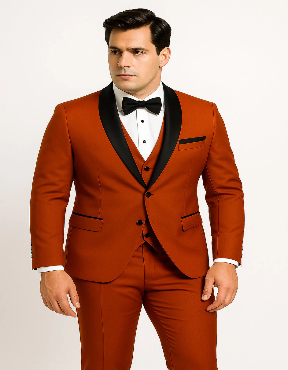 Men's Burnt Orange Tuxedo Suit ƒ?? 3-Piece Slim Fit with Black Satin Shawl Lapel - Image 3