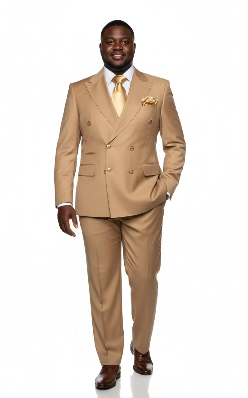 Mens Camel - Bronze - Goldish khaki Double-Breasted Suit – Luxury 2-Piece Formal Set with Gold Buttons and Peak Lapels by Rossi Man - Image 6
