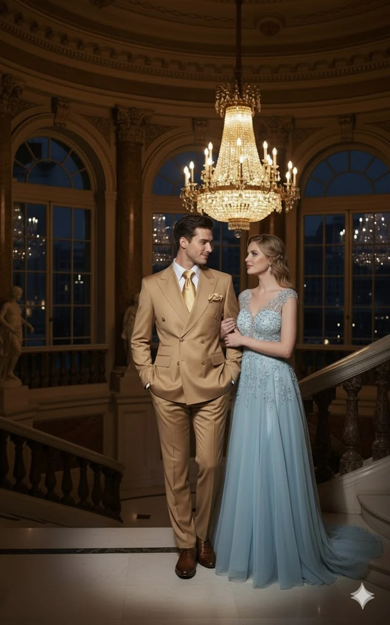 Mens Camel - Bronze - Goldish khaki Double-Breasted Suit – Luxury 2-Piece Formal Set with Gold Buttons and Peak Lapels by Rossi Man - Image 7