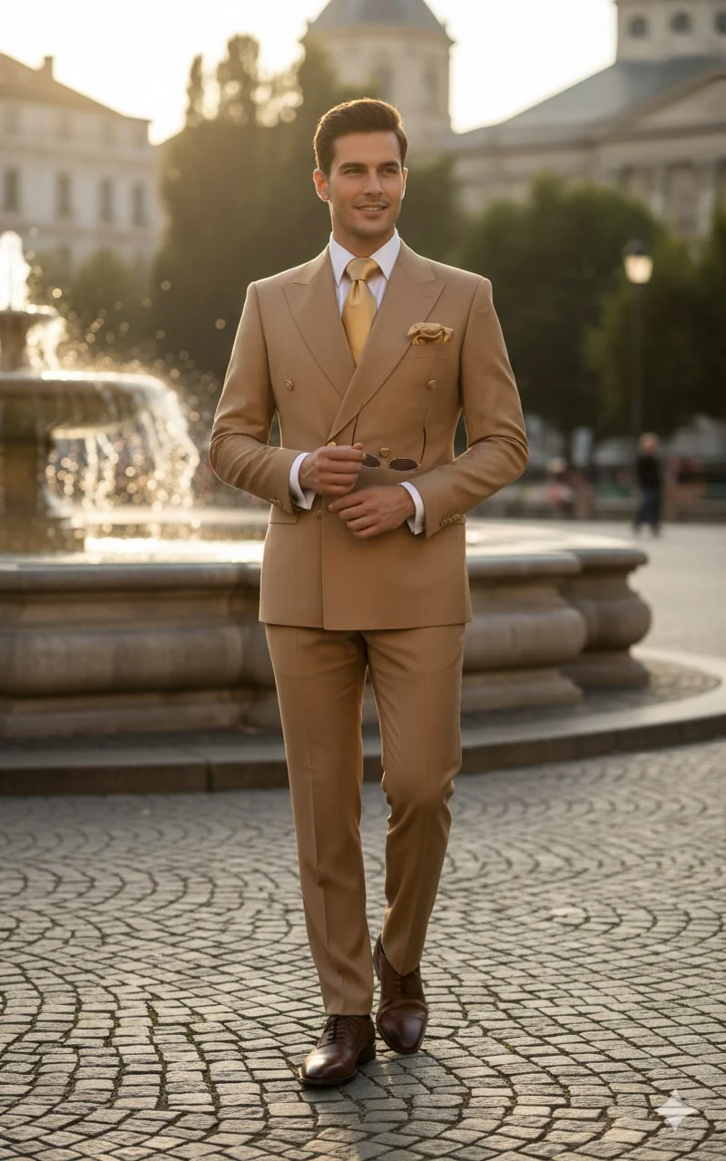 Mens Camel - Bronze - Goldish khaki Double-Breasted Suit – Luxury 2-Piece Formal Set with Gold Buttons and Peak Lapels by Rossi Man - Image 8
