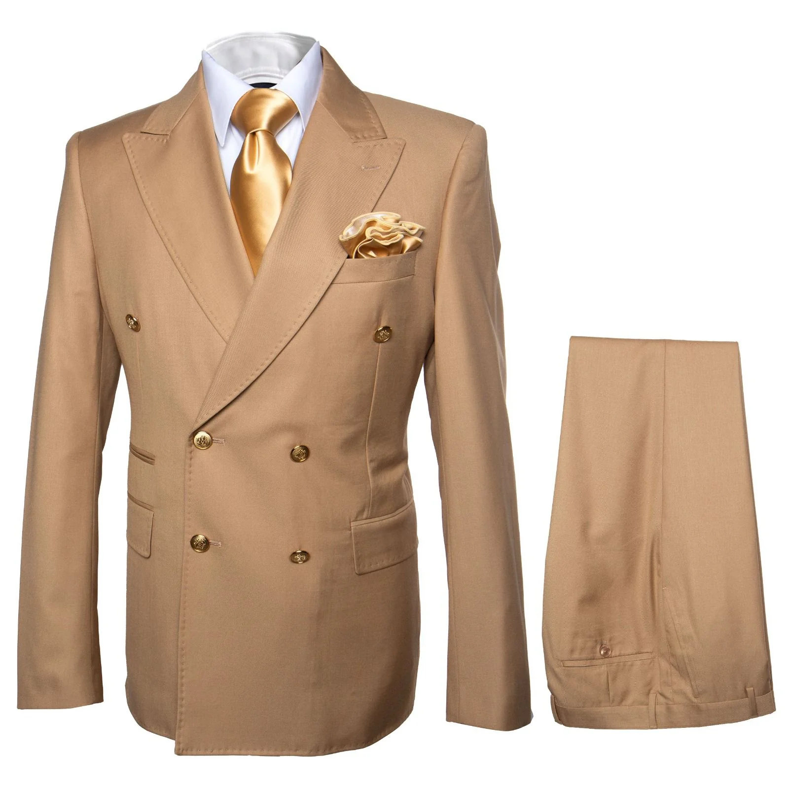Mens Camel - Bronze - Goldish khaki Double-Breasted Suit – Luxury 2-Piece Formal Set with Gold Buttons and Peak Lapels by Rossi Man - Image 9