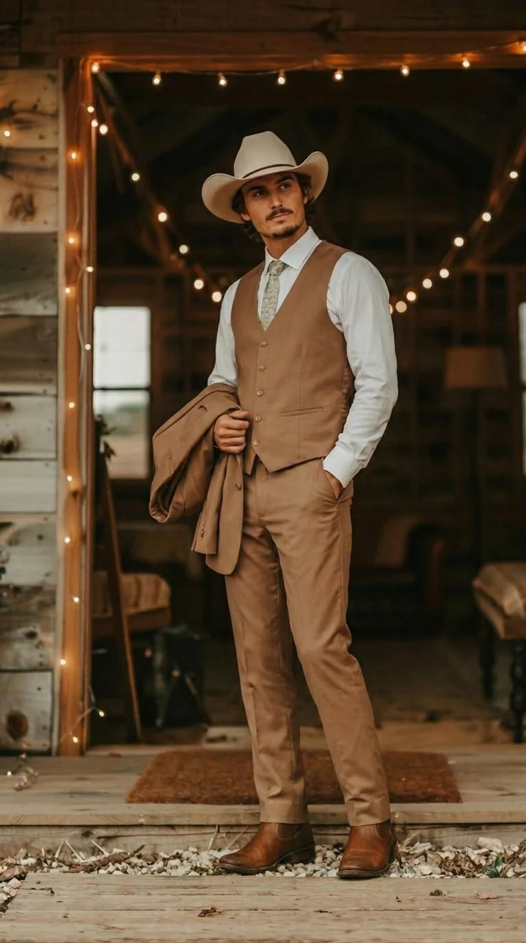 Mens Camel Brown Copper Western 3 Piece Suit – Classic Country Style Blazer Vest Pants Set, Formal Cowboy Suit Outfit - Image 2