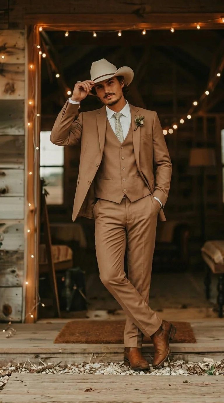 Mens Camel Brown Copper Western 3 Piece Suit – Classic Country Style Blazer Vest Pants Set, Formal Cowboy Suit Outfit - Image 3