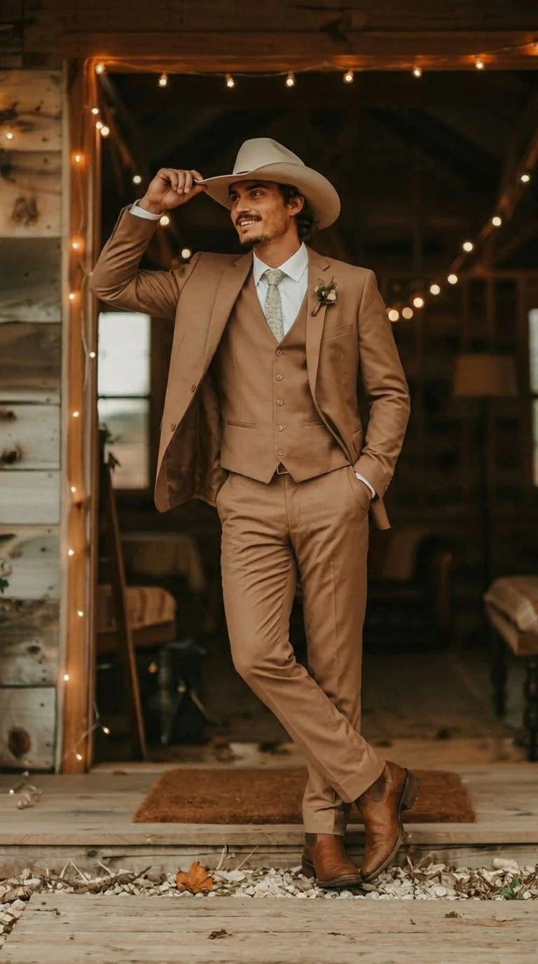 Mens Camel Brown Copper Western 3 Piece Suit – Classic Country Style Blazer Vest Pants Set, Formal Cowboy Suit Outfit - Image 4