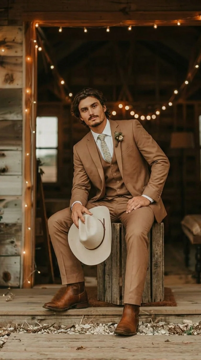 Mens Camel Brown Copper Western 3 Piece Suit – Classic Country Style Blazer Vest Pants Set, Formal Cowboy Suit Outfit - Image 5
