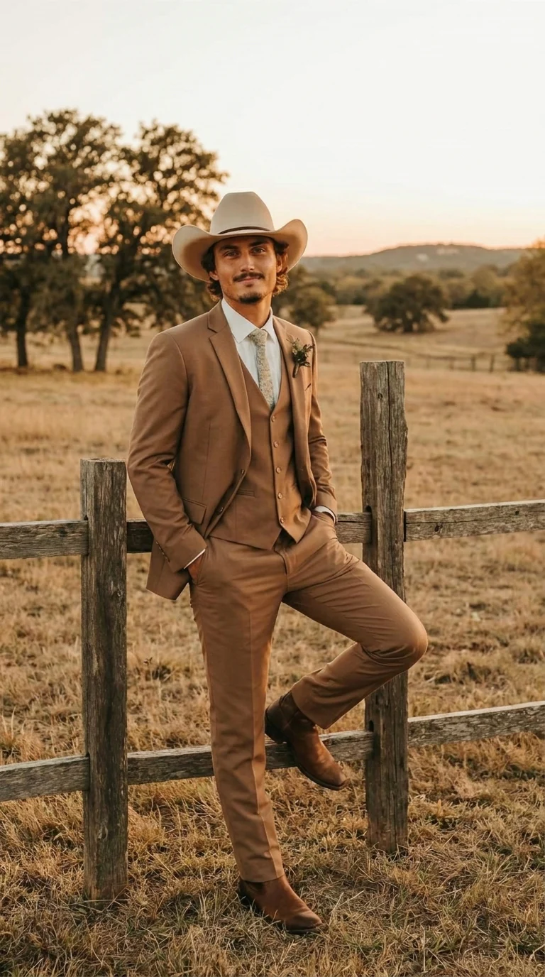 Mens Camel Brown Copper Western 3 Piece Suit – Classic Country Style Blazer Vest Pants Set, Formal Cowboy Suit Outfit - Image 8
