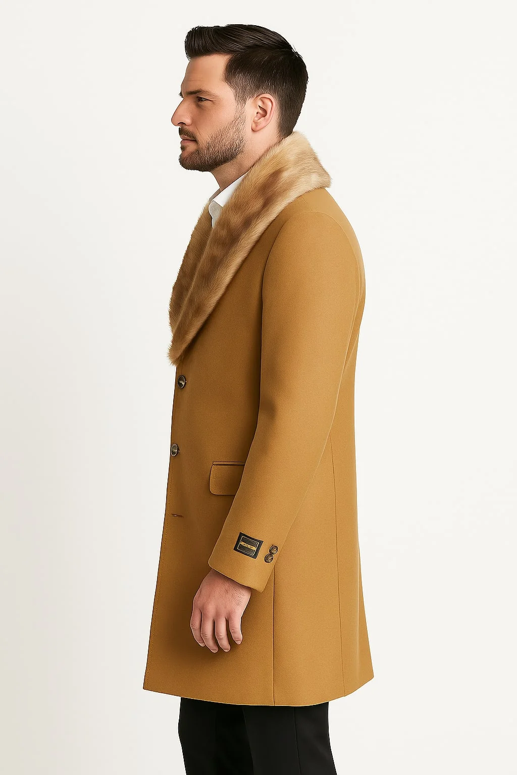 Mens Camel Overcoat with Light Faux Fur Collar – Single-Breasted Wool Dress Coat - Image 2
