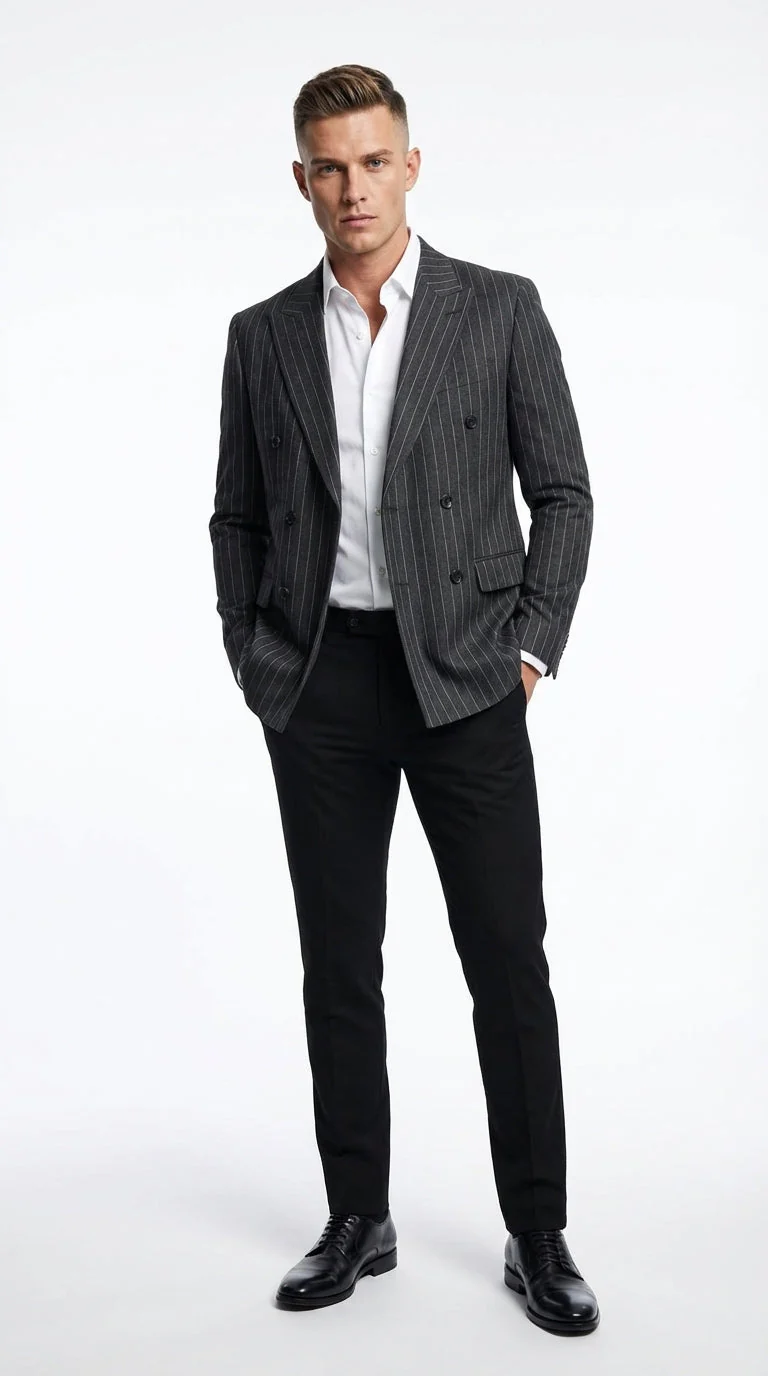 Mens Charcoal Gray Pinstripe Double Breasted Blazer Sport Coat – Classic Formal Business Jacket for Office and Smart Casual Wear