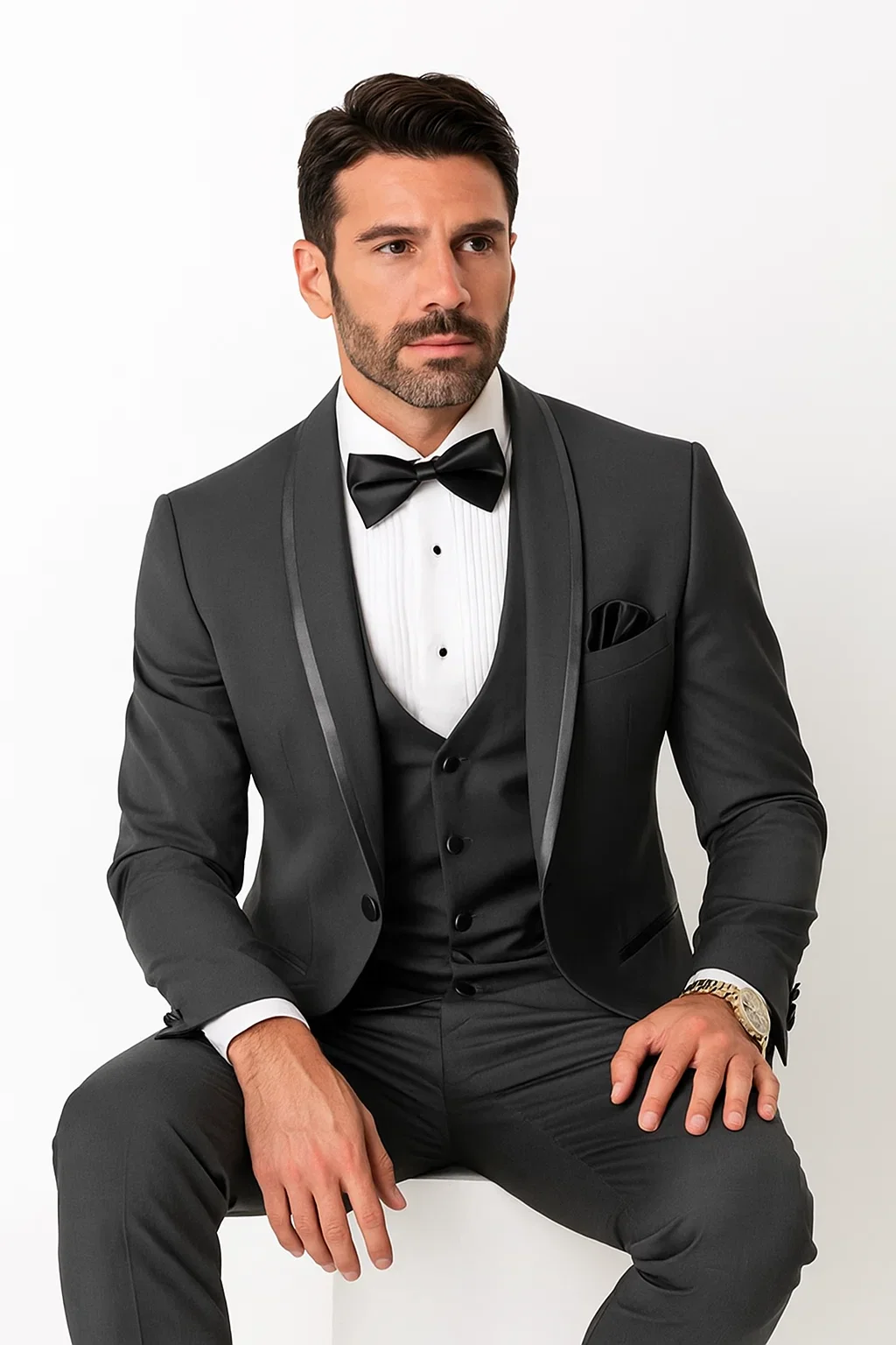 Mens Charcoal Tuxedo – Satin Shawl Lapel 3-Piece Suit for Weddings - Image 3