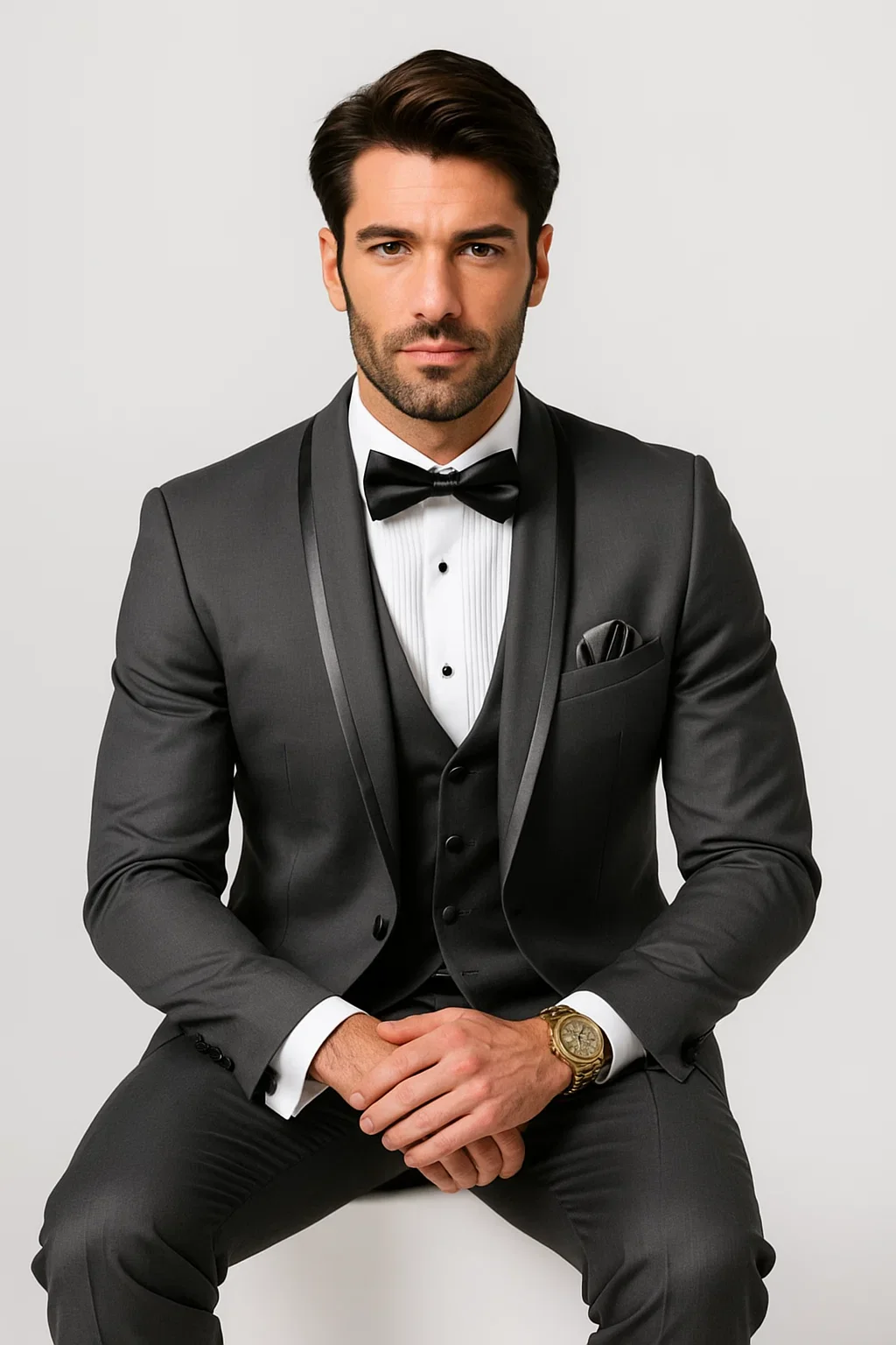 Mens Charcoal Tuxedo – Satin Shawl Lapel 3-Piece Suit for Weddings - Image 4