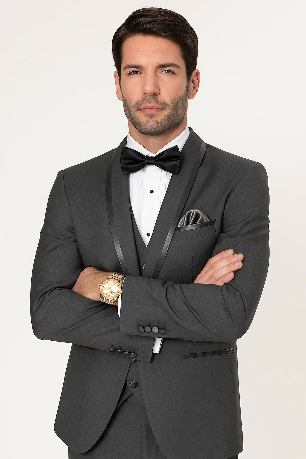 Mens Charcoal Tuxedo – Satin Shawl Lapel 3-Piece Suit for Weddings - Image 5